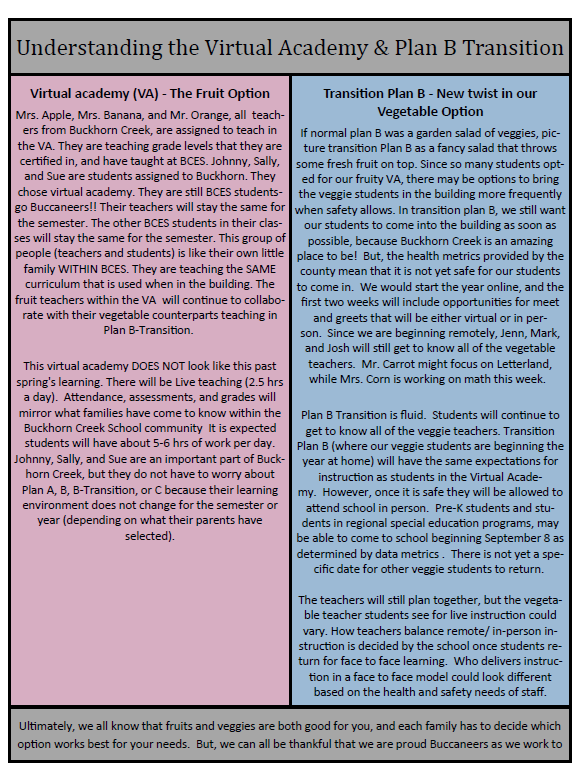 BuckhornCreekES's tweet photo. To help our community understand the difference in VA and Plan Transition - one of our amazing teachers has modified the Fruit vs. Vegetable Story.  #BuccaneerPride #BucsTreasureOthers  @WCPSS @Lindsay4Wake @Southernarea1 https://t.co/hTuVb2nVZD