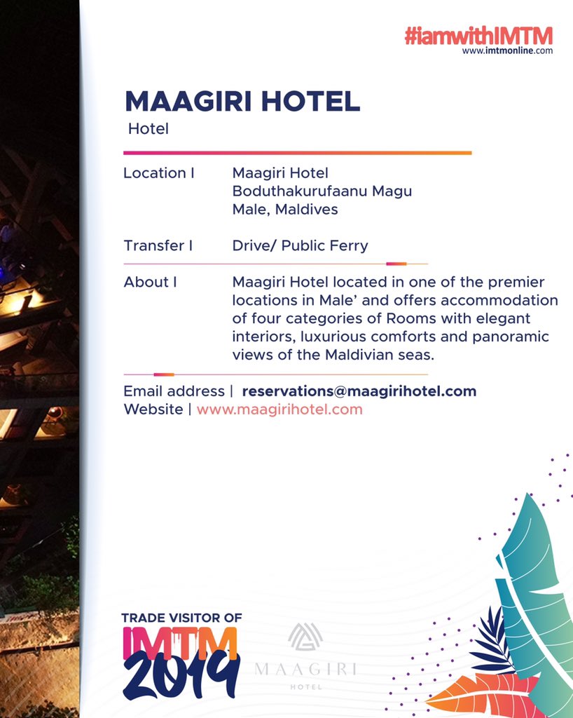 imtmonline's tweet photo. Highlight @maagirihotel Trade Visitor of IMTM 2019.
.
๐ธ @maagirihotel
#IMTM #IMTM2019 #LuxuryTravel #iamwithimtm #AffordableTravel #Resorts #Guesthouses #Liveaboards #Hotels #VisitMaldives #maldives #visitmaldiveslater #seeyousoon https://t.co/EKYnPZmYiK