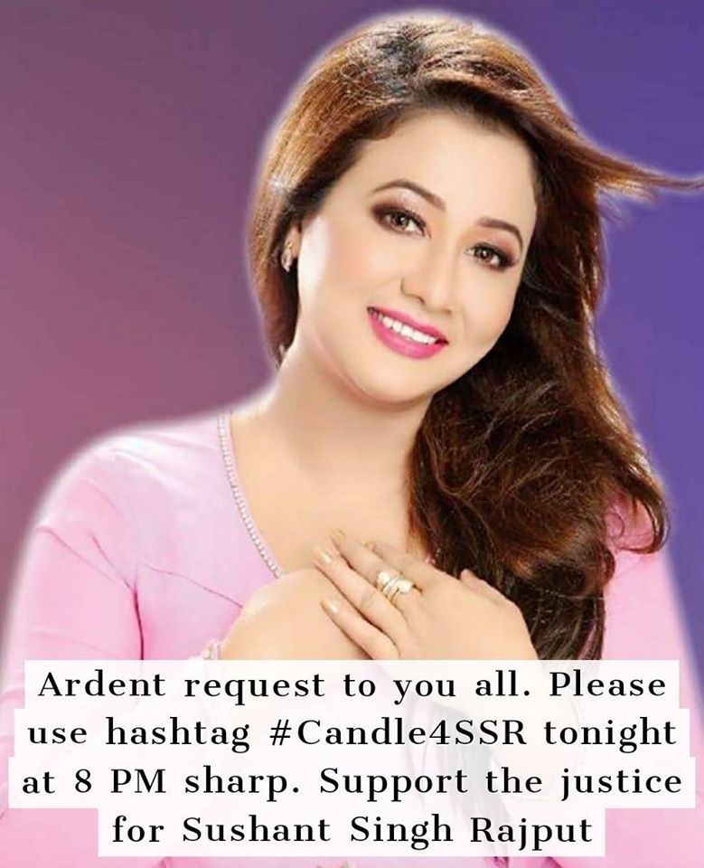 Madhusmitasingr's tweet photo. An ardent request to my fans. Please post your message on support of our fight for justice for Sushant Singh Rajput at 8 PM, sharp, tonight on any and every social media platform you are using with the hashtag #Candle4SSR. https://t.co/VNaVQIOAd4