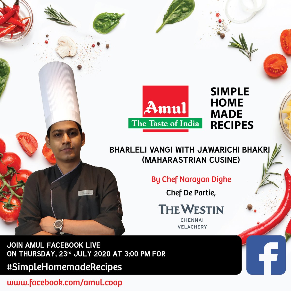 Amul_Coop's tweet photo. Join #Amul Facebook Live at 3 pm on 23rd July 2020 for #SimpleHomemadeRecipes by Chef Narayan Dighe, Chef de Partie The Westin Chennai Velachery
#Chef Narayan will show to make Bharleli Vangi with Jawarichi Bhakri (Maharastrian Cusine)
https://t.co/ubzm0KvcbO
#MastersofMarriott https://t.co/iWCMNfamje