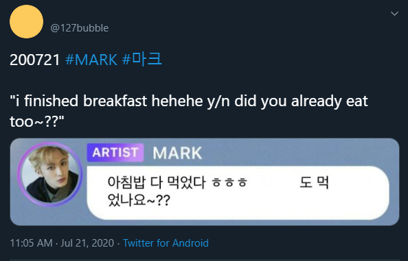 [Mark’s Solo VLIVE 200722] Mark mentioned he ate Kimchi Jjigae with Haechan.  #MarkHyuck“Haechan is the person who has a love for Kimchi Stew so if he said let’s go eat, it must be kimchi stew”. The day before that, Mark actually sent a bubble update regarding it 