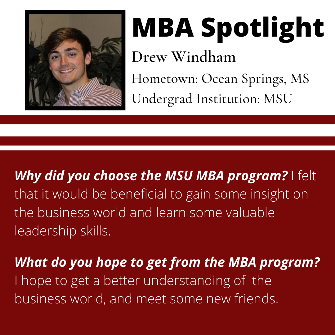 MSStateMBA's tweet photo. Meet Drew Windham! Drew is from Ocean Springs, MS, and he graduated from MSU with a degree in Civil Engineering. #msstatemba

Learn more about the MSU MBA Programs at https://t.co/PEFxWlNueC https://t.co/q1R7O765Ik