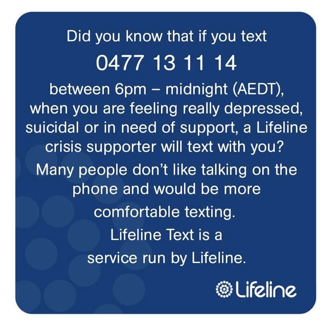 Luke_A_Miner's tweet photo. Save it &amp; share it! - it could just save a life!

@LifelineAust https://t.co/g5y9p1YcTt