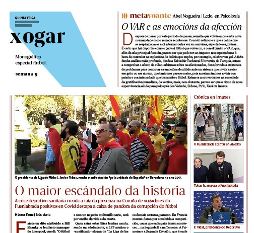 HectorPenaGZ's tweet photo. Mañá sae un número🔝do caderno 'Xogar' de @NosDiario:
📢 Comentaremos a crise deportivo-sanitaria do Fuenlabrada, Tebas e a LFP
🫂 Lembramos o (non) descenso administrativo do Celta en 1995 da man de Patxi Salinas e Bajcetic
🖊️Opinan @renaldinhos , @FutmeninaWeb e @abelnogueira https://t.co/nDgIQcUUB7