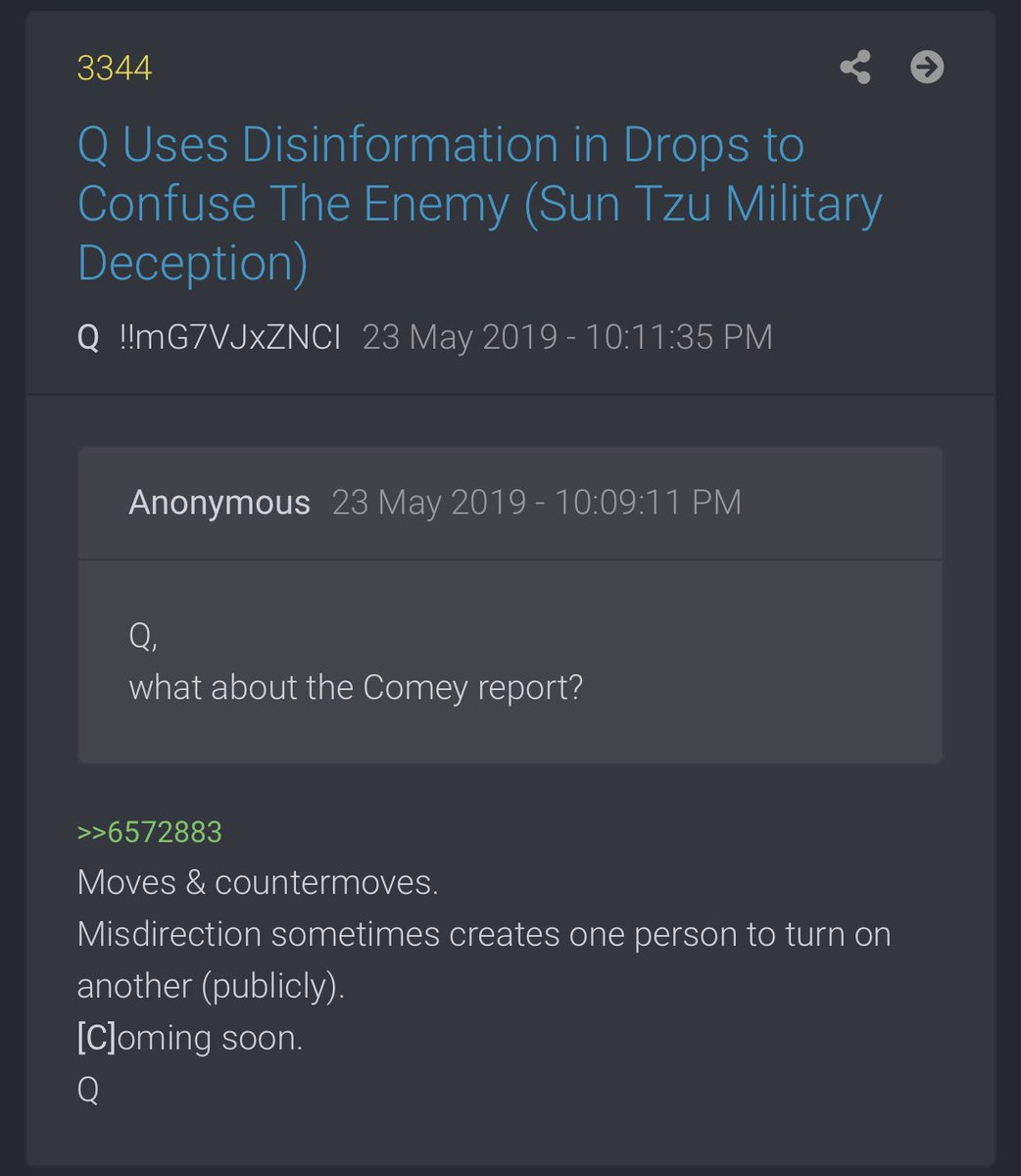 @VincentCrypt46 ‘Confusion’ by itself.🤔 And the unnecessary ‘s’ Looked up Q posts with this word & found this post interesting. (especially with the [C] in brackets) Q 3344 Moves & countermoves. Misdirection sometimes creates one person to turn on another (publicly). [C]oming soon. Q