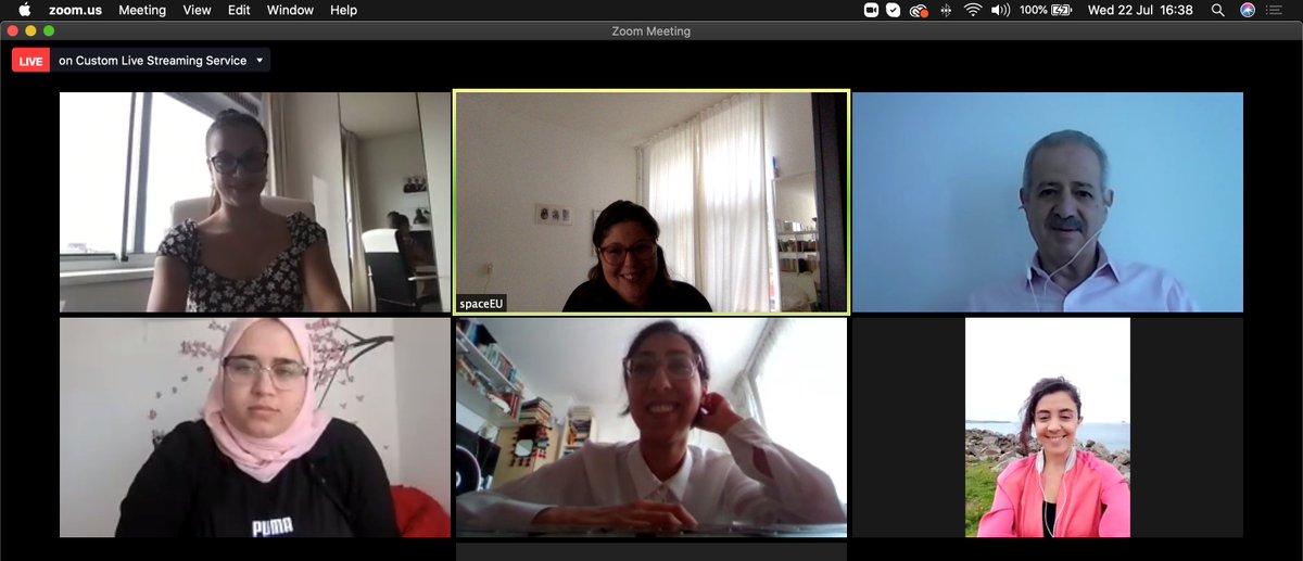 astro4society's tweet photo. Small talk before the LIVE event with #cosmonaut Muhammed Fares, #space scientist @Dr_GhinaHalabi and #spaceEU team🌴💫🤩 #SpaceInYourLivingRoom #StepintoSpace https://t.co/YiGHFWTidT