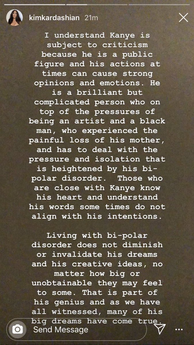 Kim K. posted about  @kanyewest’s bi-polar disorder and addressed those calling for family members to help. She was SPOT ON. “Those that understand mental illness or even compulsive behavior know that the family is powerless unless the member is a minor...”