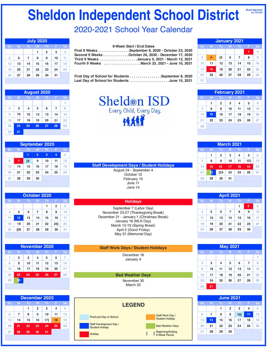 SISD trustees approved a revised 2020-21 school calendar to include a start date of Tues., Sept. 8 and complete virtual learning through Fri. Oct. 2. Click here for the full story: sheldonisd.com/apps/news/arti…