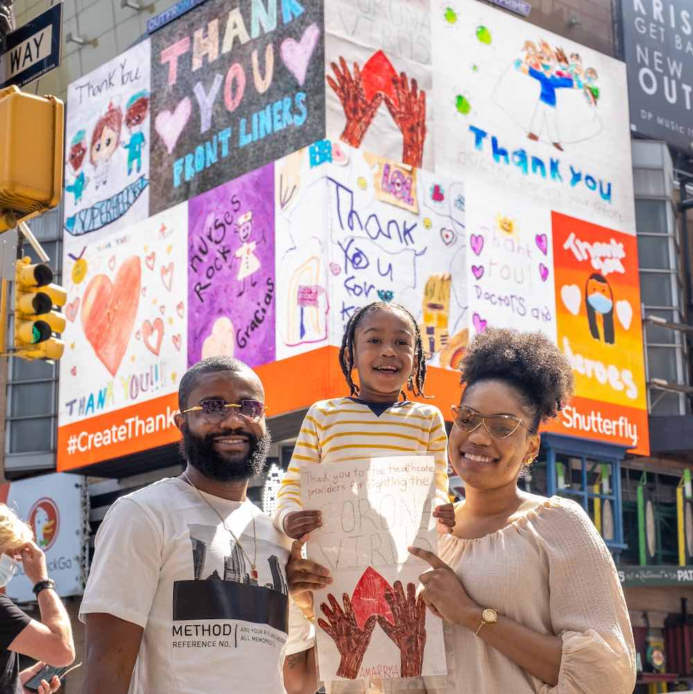 ArtsBrevard's tweet photo. #WellnessWednesday Three kids got the surprise of a lifetime when their artwork appeared on a billboard in NYC, as a giant thank you to frontline workers. The winning designs were chosen out of 450+ works of art that were submitted for Shutterfly’s #CreateThanks campaign. https://t.co/TEwyK9ZOOm