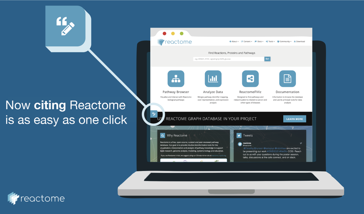 reactome's tweet photo. Introducing the all new Reactome `Cite Us!` button for catering to all your citation needs - get, download and cite Reactome references with a single click of button! #PathwayBrowser #bioinformatics #genomics #biology #citation https://t.co/prc7Z5e4T3
