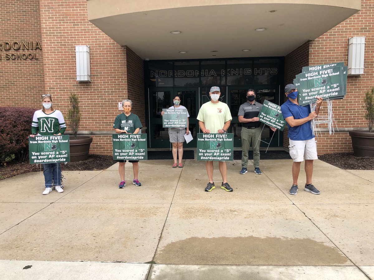 CaseyGWright's tweet photo. An exciting day for @NordoniaSchools. We are out delivering ”High 5” signs for students that received a perfect score on their AP Exam. This year we have double the number of perfect scores. We will deliver half today and, half Friday. https://t.co/Y3UvB5Uct0