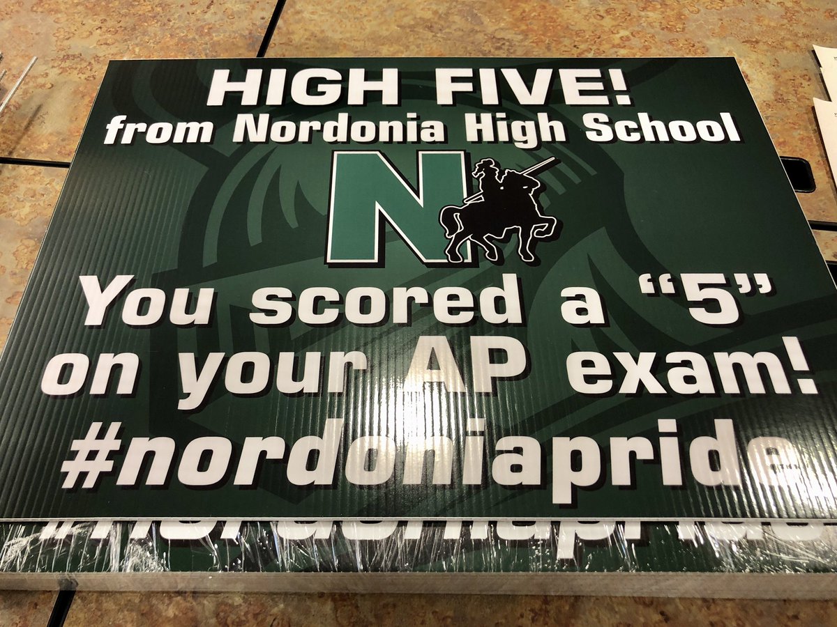 CaseyGWright's tweet photo. An exciting day for @NordoniaSchools. We are out delivering ”High 5” signs for students that received a perfect score on their AP Exam. This year we have double the number of perfect scores. We will deliver half today and, half Friday. https://t.co/Y3UvB5Uct0