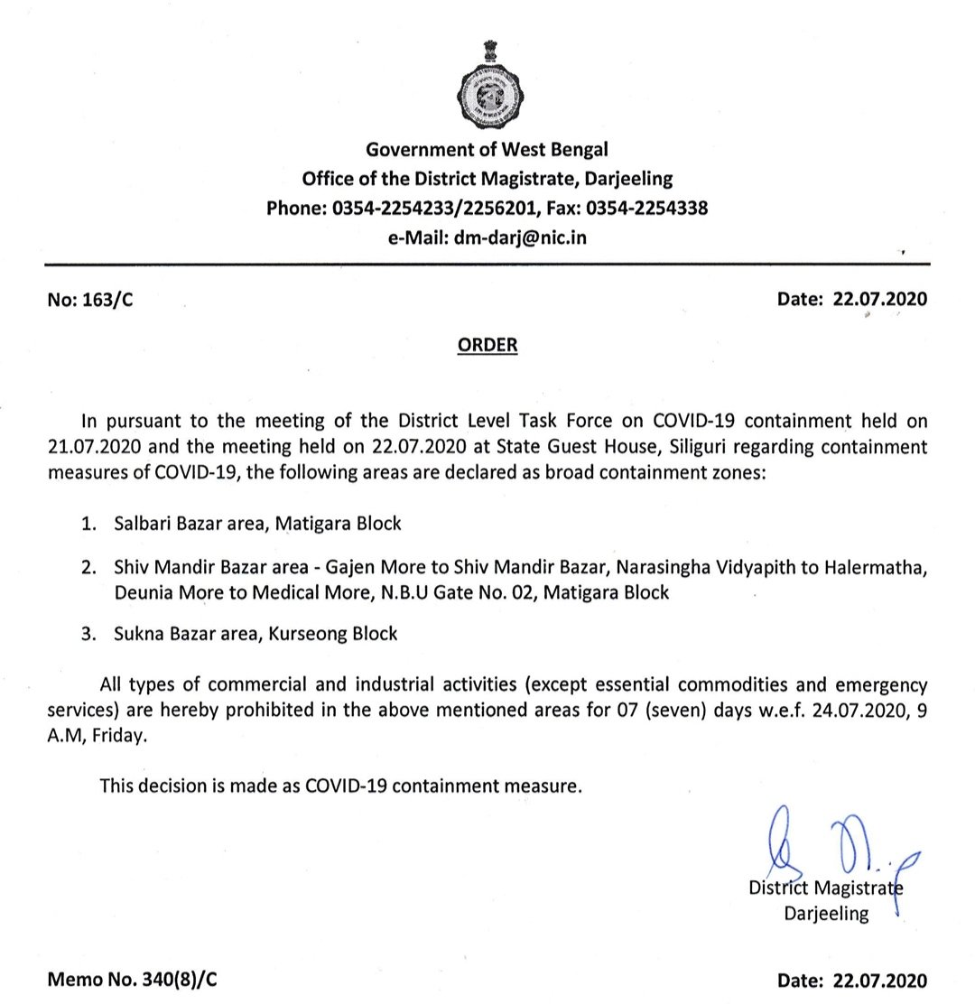 The Darjeeling Chronicle Just In Salbari Sukna Shivmandir Bazar To Be Locked Down For 7 Days From July 24th 9 Am July 23rd Is General Lockdown For All Over Bengal