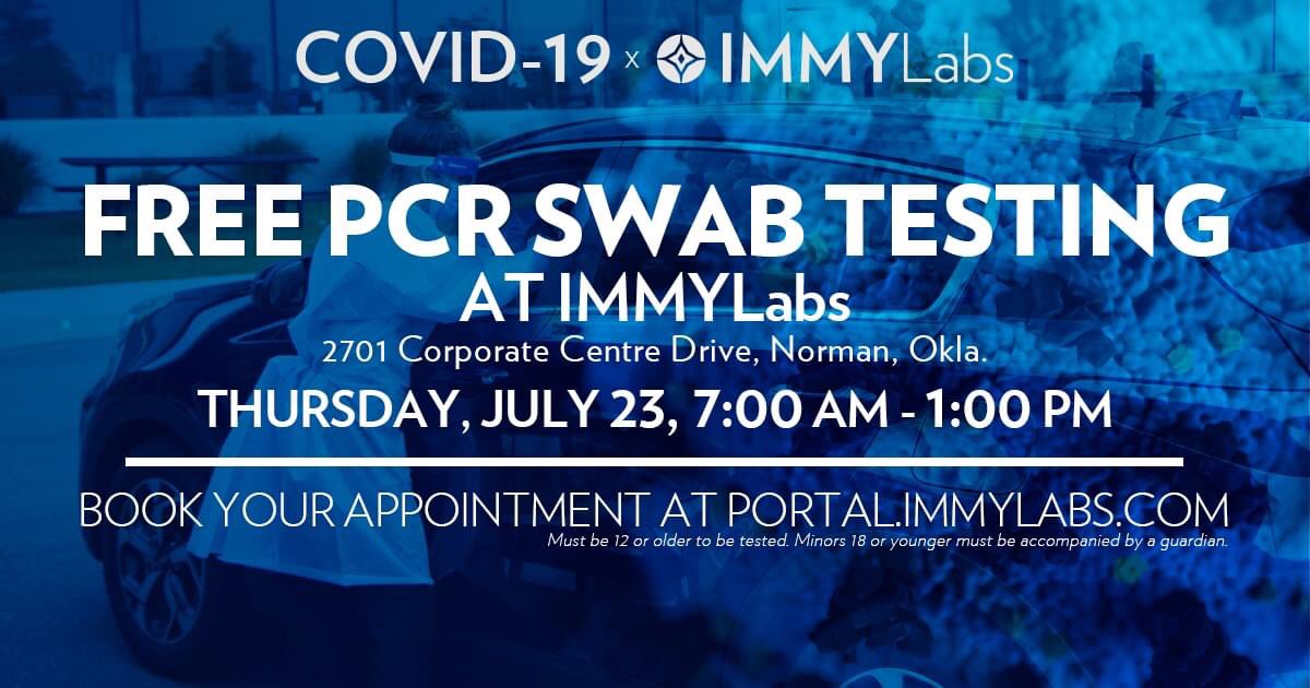 IMMYdiagnostics's tweet photo. FREE COVID-19 swab testing this Thursday at 2701 Corporate Centre Drive, Norman! Drive-thru testing will be offered free to the general public (by appointment only) this Thursday, July 23rd from 7am-1pm. Book your appointment now at https://t.co/lGZ75K4nwL https://t.co/JYjsfjMvKs