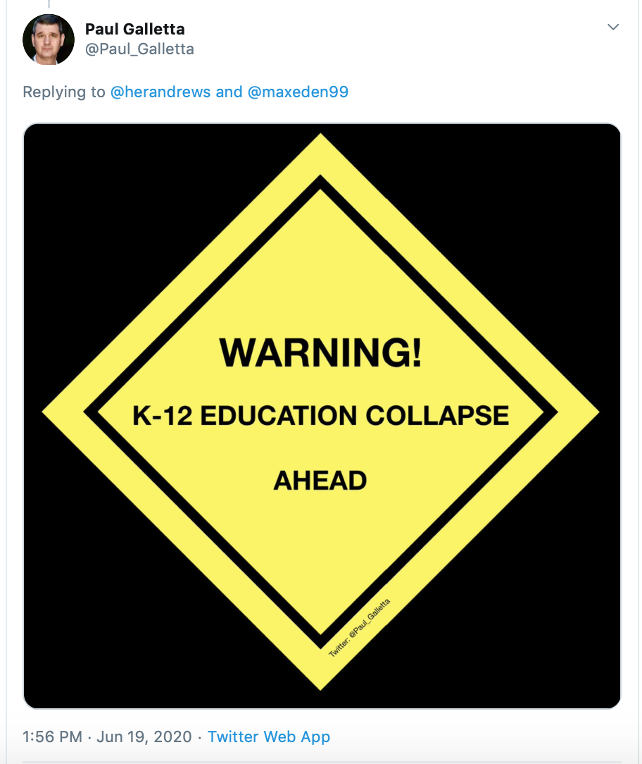 1/ Some of you may have noticed that I've been making some general statements predicting a collapse of K-12 education in the near future. Because I think this is more dangerous than those general statements might indicate, I’d like to follow up with some specifics. ...Thread
