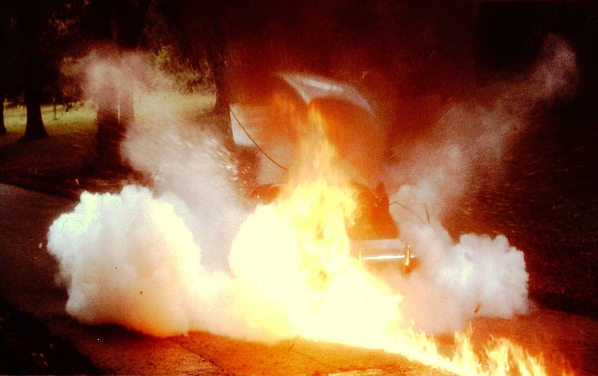 7. In the theatrical cut, Mrs Peel’s Jaguar simply explodes after the mechanical bee chase. In actual fact, during the chase a trail of petrol from the Jaguar’s punctured fuel tank is shown and provides more continuity for the explosion.