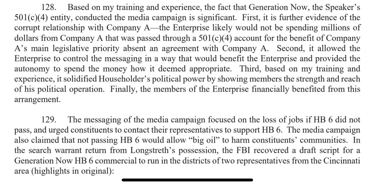 Ok so Bailout Sqaud is in place. Next step is getting legislation through. First Energy gave the money to Generation Now explicitly so Householder would pass HB 6. Pretty direct quid pro quo, aka, bribe. Pretty explicit illegal actions for a c4 and for an elected official.
