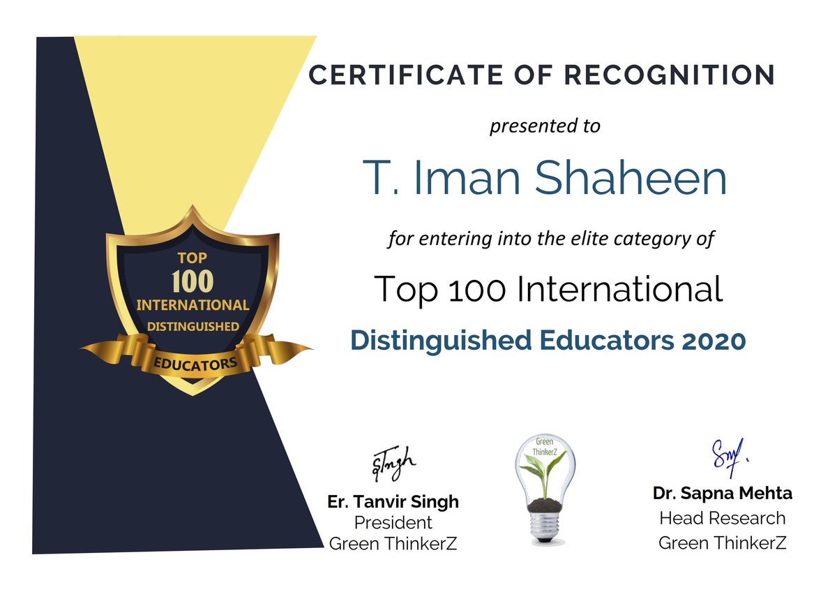 GreenThinkerz's tweet photo. Congratulations to @TImanShaheen1  to enter the elite category of Top 100 Distinguished Educators 2020 #greenthinkerz 💐 https://t.co/w8bd4JUZW4