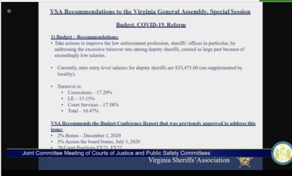 most localities supplement the state salary for sheriffs dept employees. the speaker blames low pay for the high turnover rate & asks for an increase to the state salary.