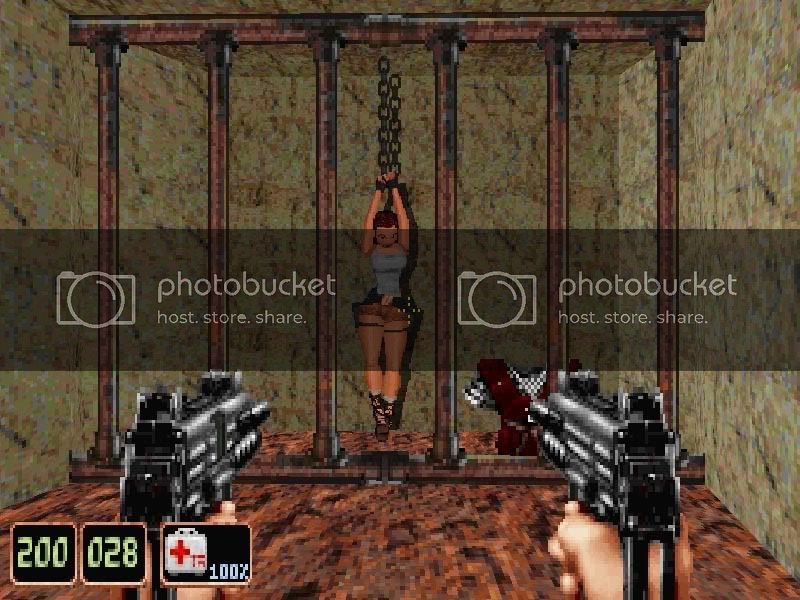 Duke Nukem - you can find lara tied up in a jail cell