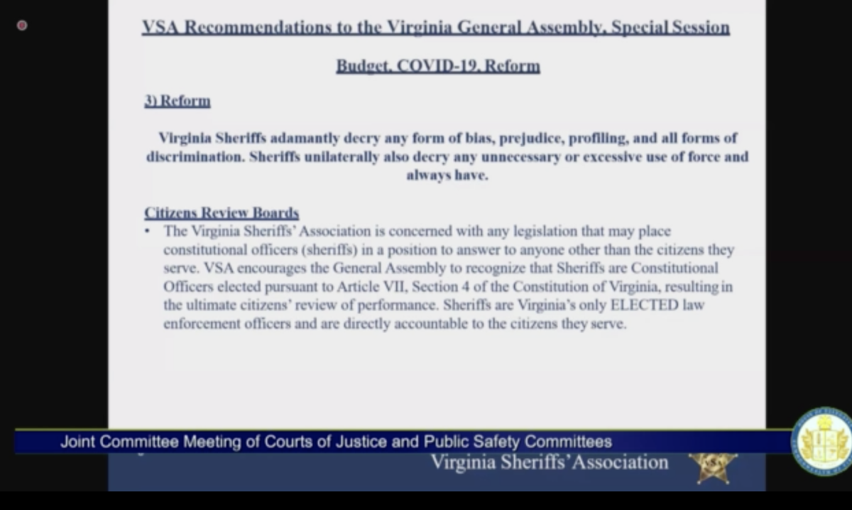 "we think the sheriffs model for law enforcement already has the ultimate citizen review because sheriffs are elected," the speaker says.the association is also "concerned" about talk of doing away with qualified immunity