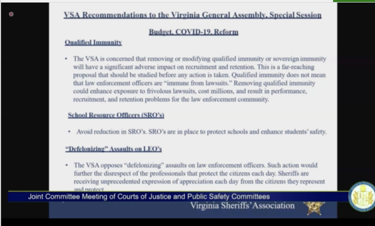 "we think the sheriffs model for law enforcement already has the ultimate citizen review because sheriffs are elected," the speaker says.the association is also "concerned" about talk of doing away with qualified immunity