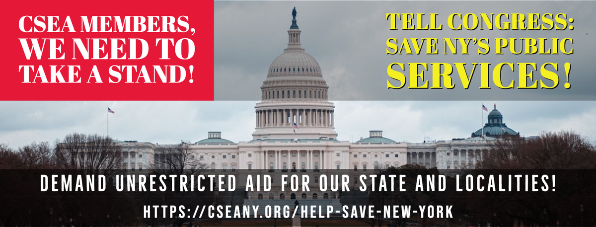 CSEALocal1000's tweet photo. Call your member of Congress at 202-224-3121 and ask them to support the funding levels in the HEROES Act - $35 billion to New York State and $33 billion to municipal governments in New York over the next two years. https://t.co/VQxRPOrHFd
