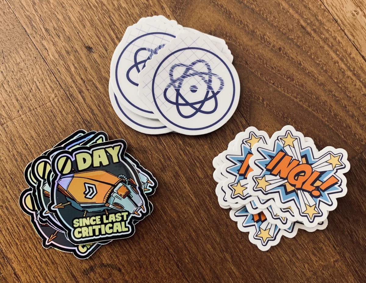 Doyensec's tweet photo. We have a lot to celebrate here at @Doyensec. These stickers were made to symbolize some of the accomplishments of our researchers. DM us and get some! First come first serve while supplies last! #doyensec #infosec #stickers #inql #electronegativity #vulns https://t.co/kGFSuHbxTK