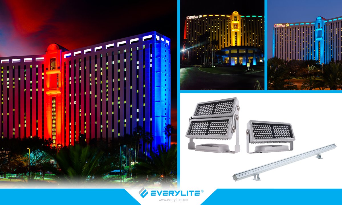 Everylite's tweet image. We combined two of our DMX Wall Washers to illuminate the Rosen Centre building. Megas are placed on each side and in front of the building. Linears are placed on the top of the building enhancing the architectural structure. 

#wallwashers #ledsolutions #orlando #everylite