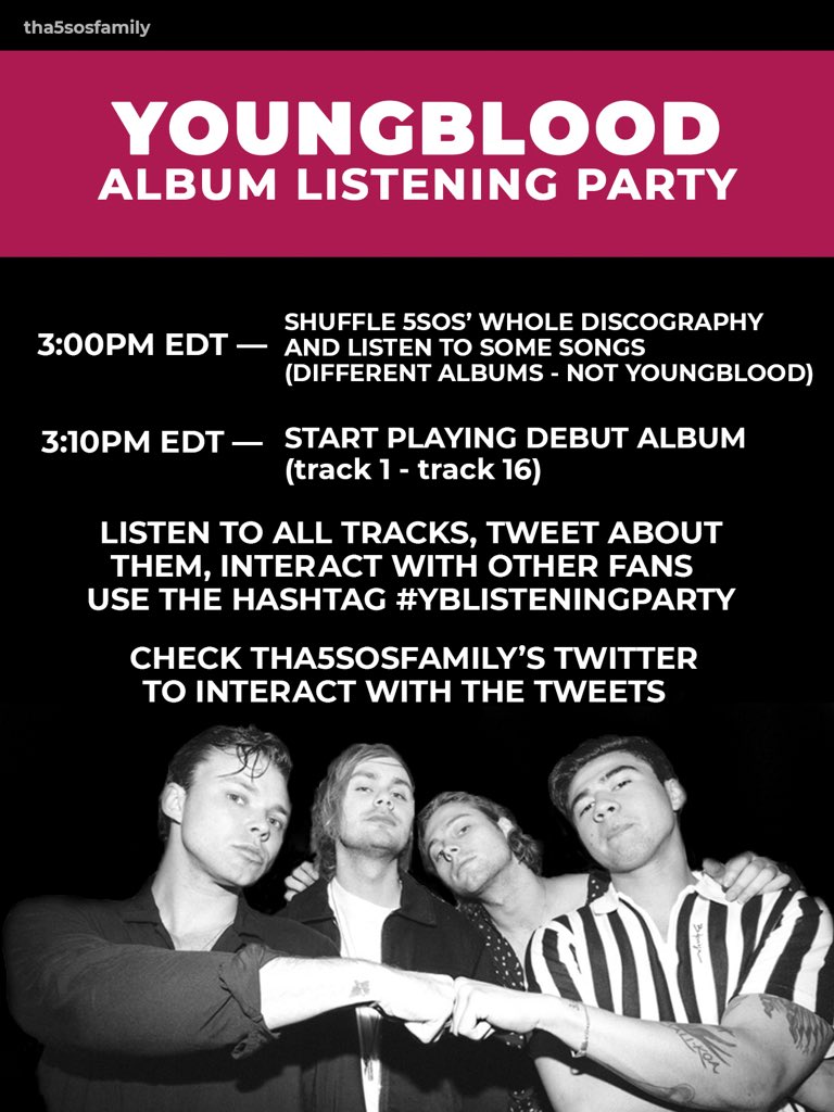 Tha5SOSFamily's tweet photo. We invite everyone to join us in streaming @5SOS' third studio album "Youngblood" this Friday (24.07.2020) at 3PM EDT/ 8PM BST! #YBListeningParty ✨💗 https://t.co/nwFt0oAkuk