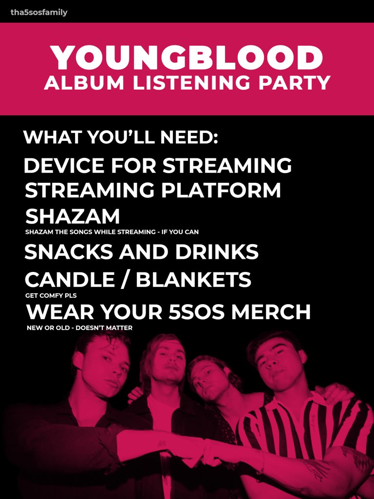 Tha5SOSFamily's tweet photo. We invite everyone to join us in streaming @5SOS' third studio album "Youngblood" this Friday (24.07.2020) at 3PM EDT/ 8PM BST! #YBListeningParty ✨💗 https://t.co/nwFt0oAkuk