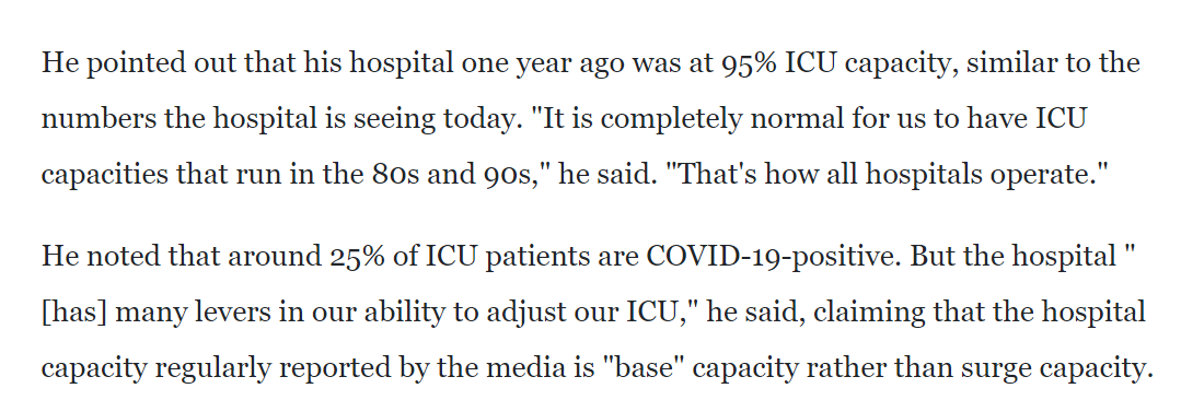 listen to actual hospital CEO's, like marc boom of houston methodist.85-95% ICU utilization is normal.no hospital wants to leave expensive to staff ICU beds idle.so they don't. they flex capacity to meet need.