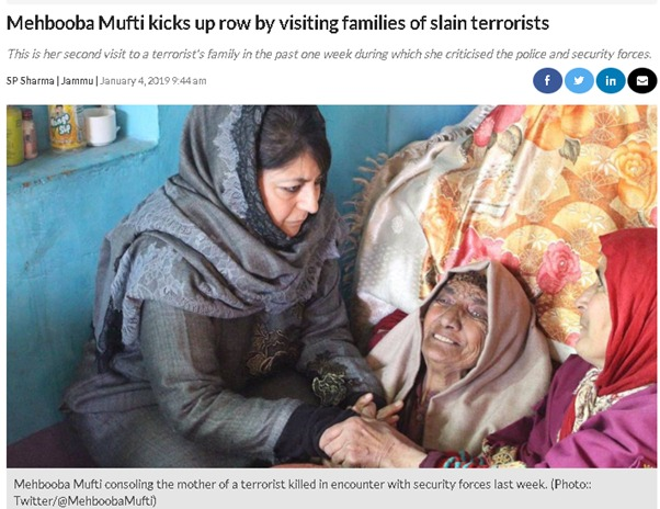 In Jan 2019 PDP chief kicked up  #controversy by visiting families of  #terrorists killed in  #encounter with security force & accusing  #IndianArmy of harassing the families of terrorists. She is well known for using such fragile situations for her  #political mileage(7/19)