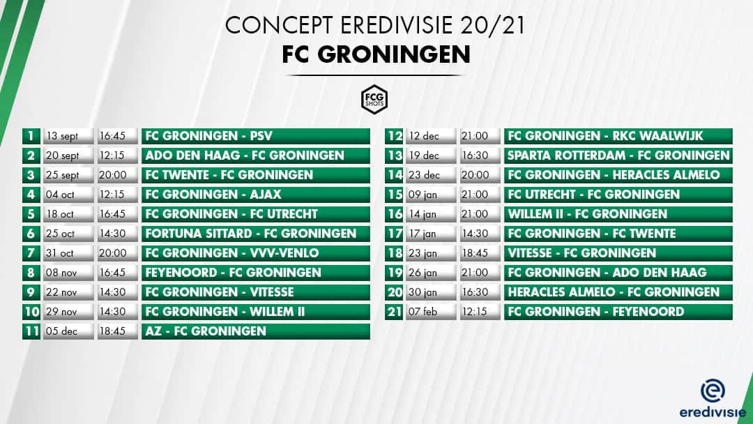 Ronald_fcg's tweet photo. FC Groningen begint het nieuwe seizoen dus thuis tegen PSV. Vervolgens ADO en Twente uit en daarna thuis tegen Ajax. Hier onder de rest van het programma t/m speelronde 21. #fcgroningen #conceptprogramma (foto @FCGShots) https://t.co/lub95vVH2I