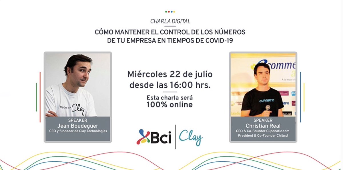 claytech_'s tweet photo. Recuerda que hoy estaremos en esta charla digital gratis junto a @bancobci, @amigojean y @ChRealBernouin - hablaremos de finanzas y tecnología, pero sobre todo de experiencias y de cómo navegar estos tiempos de Covid. Los esperamos! Inscripciones aquí https://t.co/sTliLgTNJX https://t.co/ILQQyCCgJ2