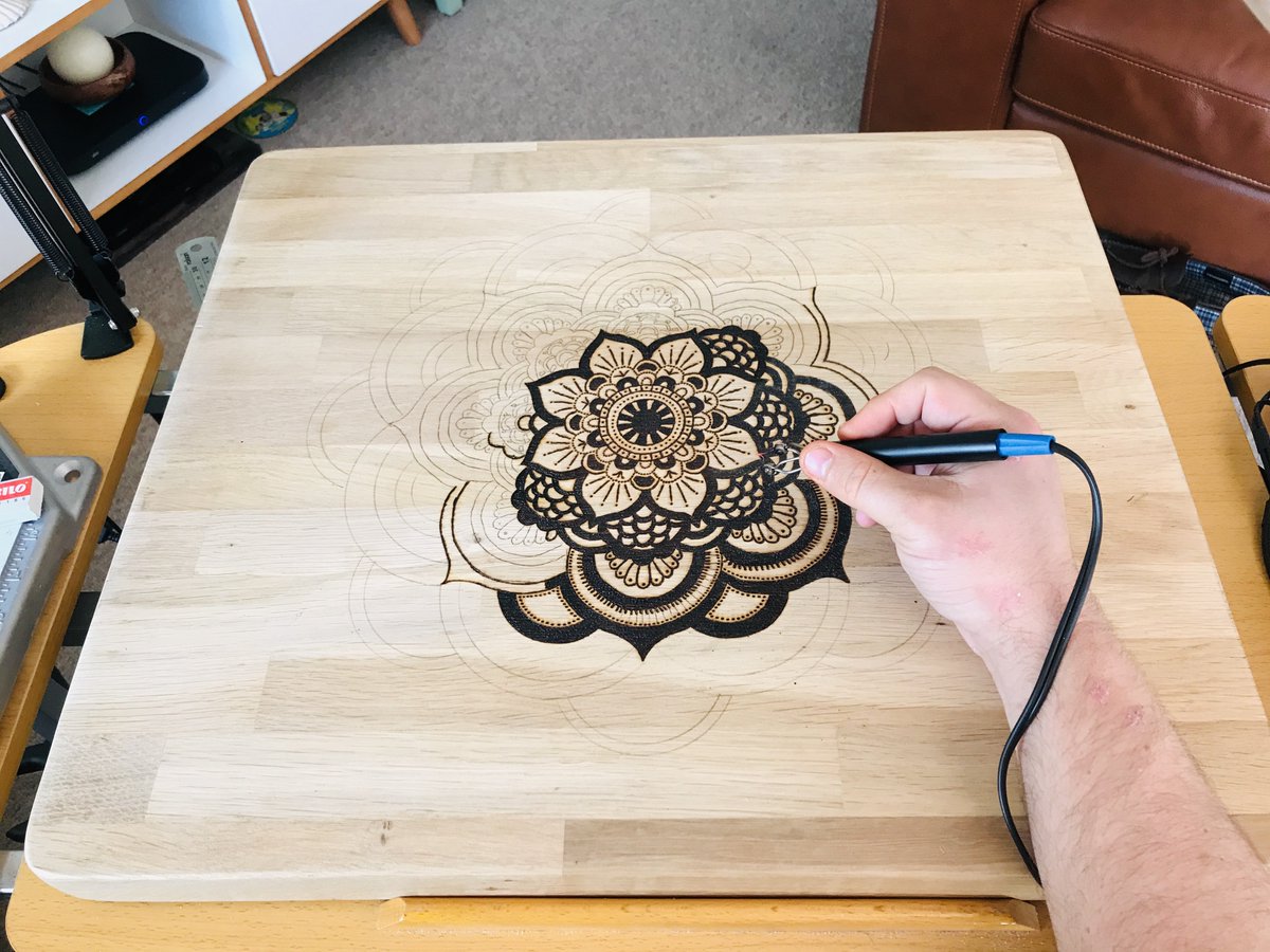 wadeycrafts's tweet photo. Current work in progress. This one will be a side table once completed and then listed for sale via my website (design burnt entirely by hand using Pyrography). #pyrography #mandala #smallbusiness #woodnmburning #art #tablemaking #bespoke #unique #furniture #crafts #crafting https://t.co/J6fUecTOe2