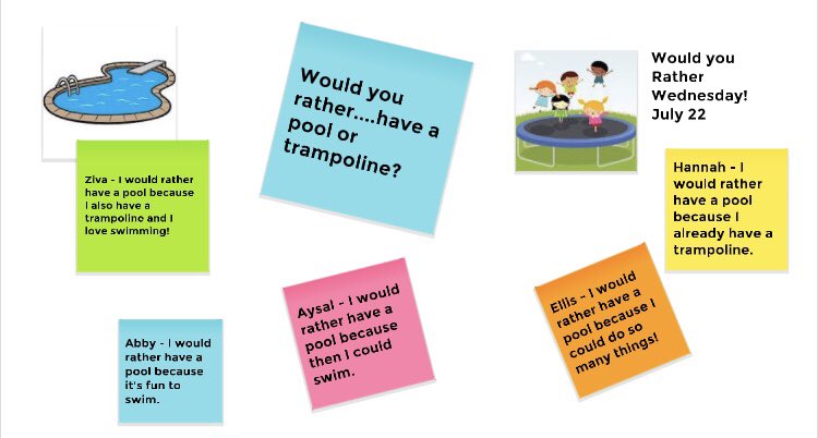 MsTaitsClass's tweet photo. We revisited our math chat about the = sign & made more “backwards” sentences in our #NumberTalk; shared zoo trip writing in Author’s Chair, & learned we’d all rather have a pool! #HDSBSummerLearningPrograms #HDSBstillconnected thanks for visiting @TSomerville2205 @Hawthorne_PS https://t.co/0uGfmi11xo