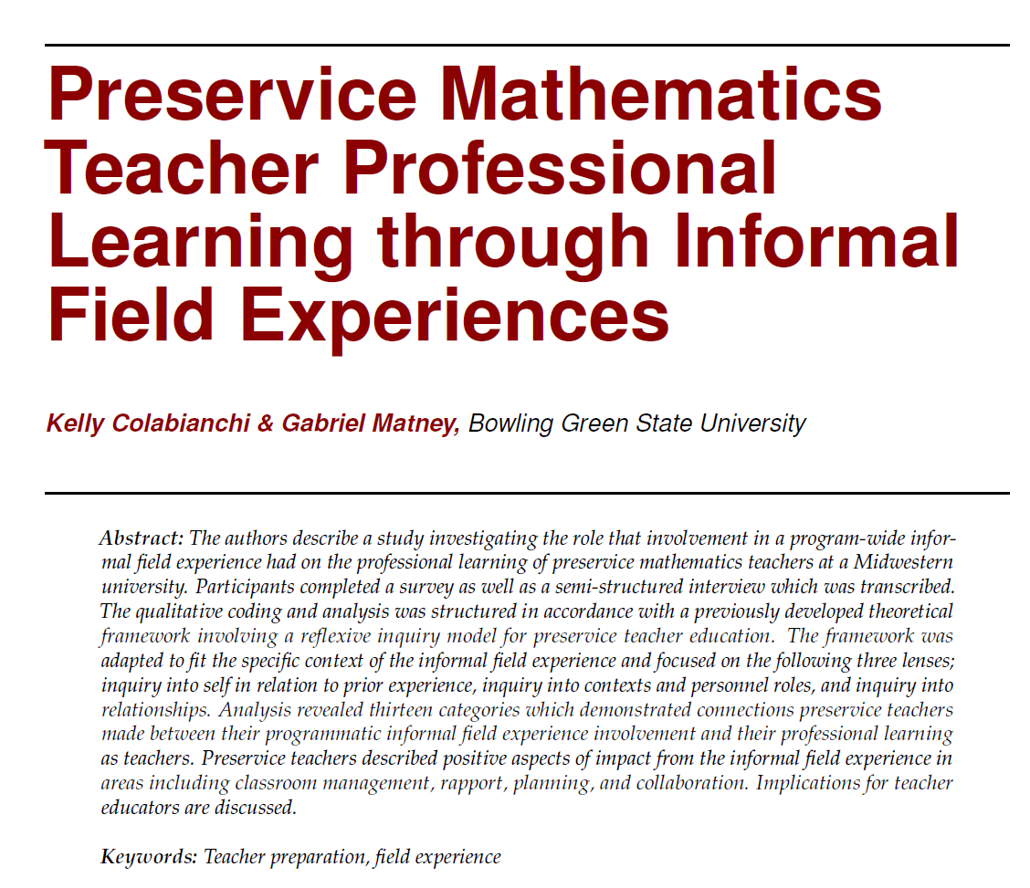 Excited to share this publication about Preservice Ts professional learning through #MathCamp. Nice work Kelly & special thanks to Todd Edwards and @ohioctm for their inspiration to share this knowledge. @mathcampBGSU @BGSU_CTM @huctm  library.osu.edu/ojs/index.php/… #InformalLearning