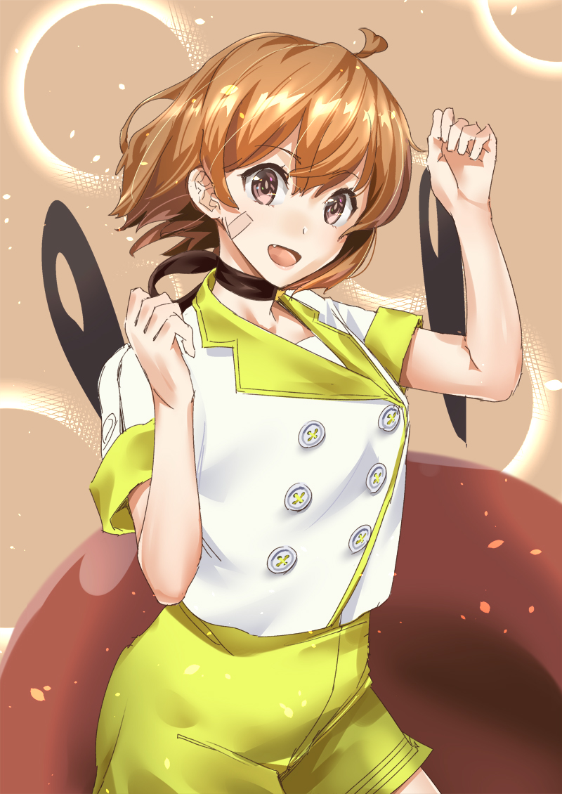 oboro (kancolle) 1girl solo short hair brown eyes bandaid on face brown hair fang  illustration images