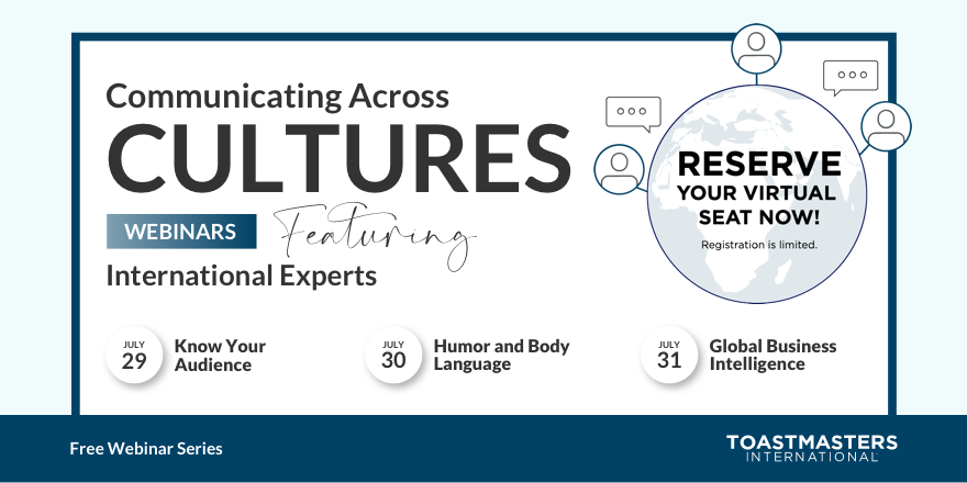 Toastmasters's tweet photo. Success in the global marketplace requires cultural finesse when communicating. Join our free webinar series and learn how to bridge the culture gap at home and abroad! 
https://t.co/JQTWmLCW85
#toastmasters #tips #webinars #globalsuccess #success #communication https://t.co/9lWKHpmkkZ
