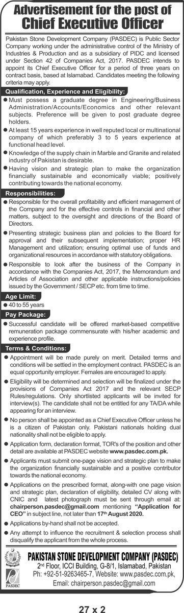 PasdecPakistan's tweet photo. Advertisement for the post of Chief Executive Officer https://t.co/4JSky7yDPA