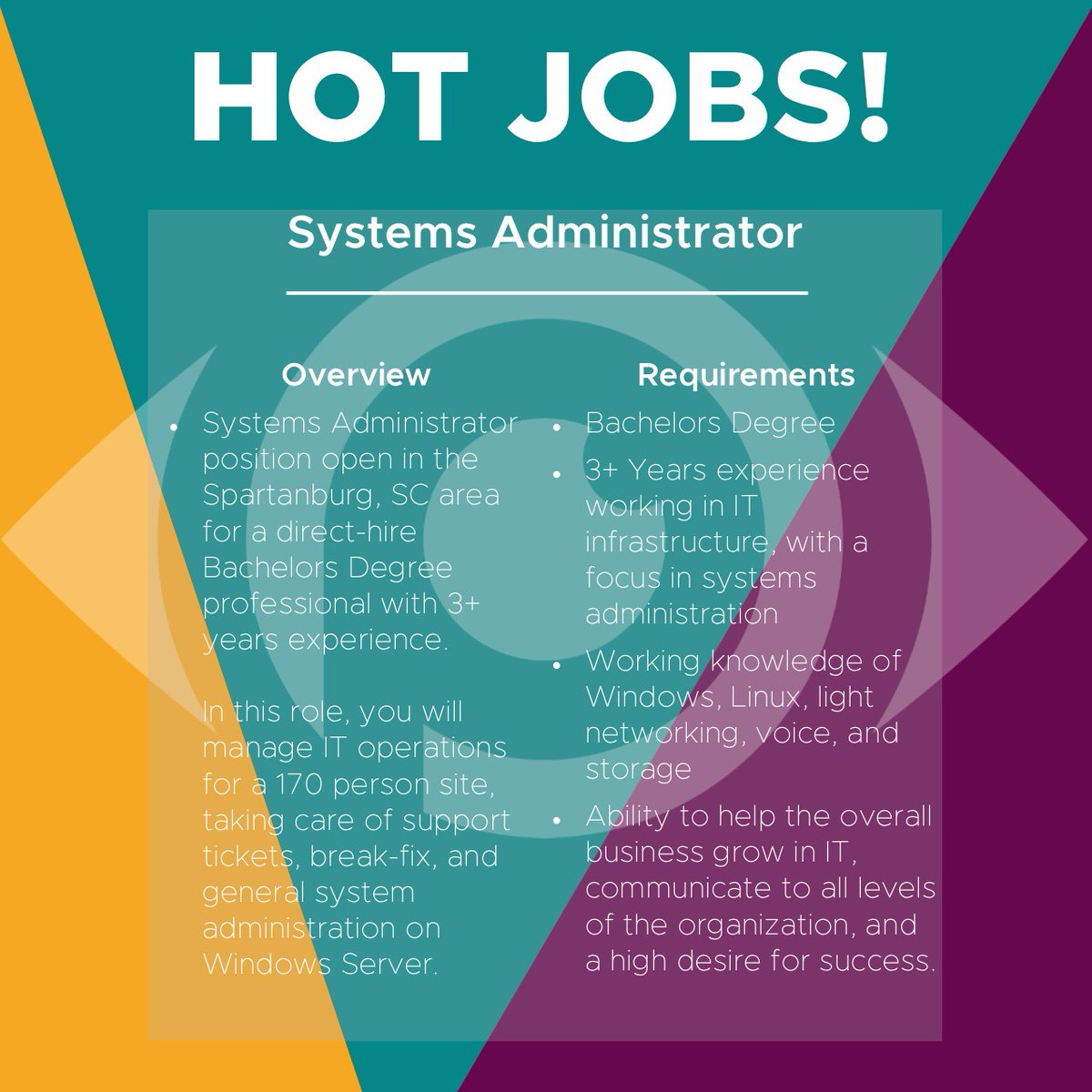 PerceptiveRecr1's tweet image. New HOT JOB Alert! We have a Systems Administrator opportunity in the Upstate posted on our job board. Click the link below to apply directly! www2.jobdiva.com/portal/?a=m4jd… #PerceptiveRecruiting #WomanOwned  #DirectPlacement #GVLToday #GSABusinessReport #yeahTHATgreenville