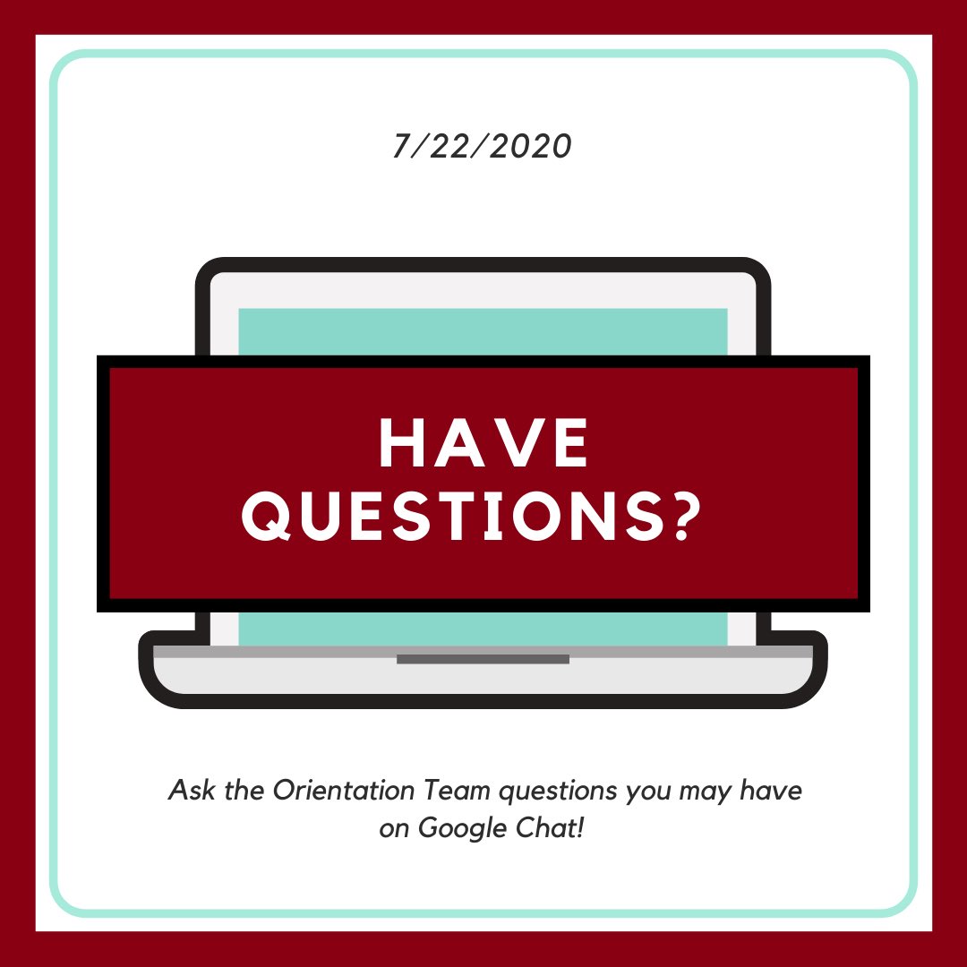 CoeOrientation's tweet photo. Join us TODAY  from 11:00AM-1:00PM on Google chat to ask the Orientation team any questions that you may be wondering about Orientation. Find out more information in your student email! https://t.co/JTZf8XMCpC