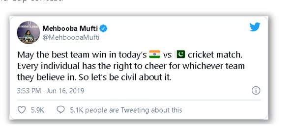 In another instance, on 27 Jun 2019 PDP chief Mufti created another uproar after she  #tweeted about "individual's right to cheer for whichever team they like" during the  #India- #Pakistan  #WorldCup contest.(12/19)