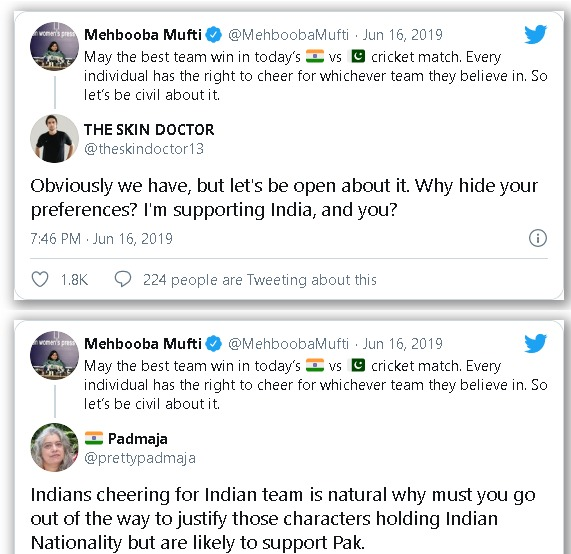 In another instance, on 27 Jun 2019 PDP chief Mufti created another uproar after she  #tweeted about "individual's right to cheer for whichever team they like" during the  #India- #Pakistan  #WorldCup contest.(12/19)