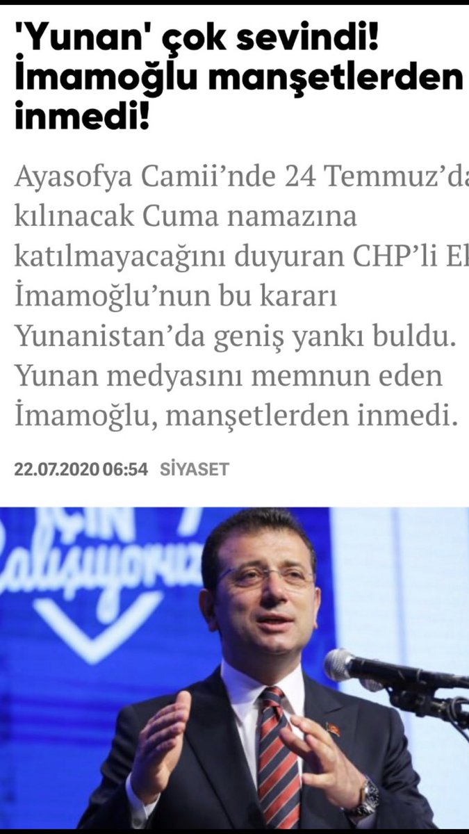 hasan_can's tweet photo. 86 yıl sonra, cemaati ile özlemle buluşacak olan Ayasofya’nın 24 temmuzdaki görkemli Cuma namazına, Diyanet İşleri Başkanlığınınn davetine RET cevabı veren Ekrem İmamoğlu @ekrem_imamoglu YUNANLI DOSTLARINI  çok sevindirmiş...Eee...Kişi sevdiği ile beraberdir. https://t.co/1rWEvEv62C