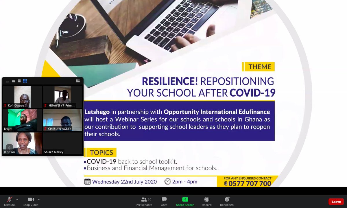 LetshegoGroup's tweet photo. #UniteAgainstCOVID19 - LETSHEGO GHANA 🇬🇭 hosts the 1st in a series of webinars with @OpportunityIntl to empower schools to build robust and resilient operations / Andrew Okai (Group Chief Executive) opened the series, hosted by @ArnoldParker (CEO Letshego Ghana) https://t.co/wo39NsI7Dq