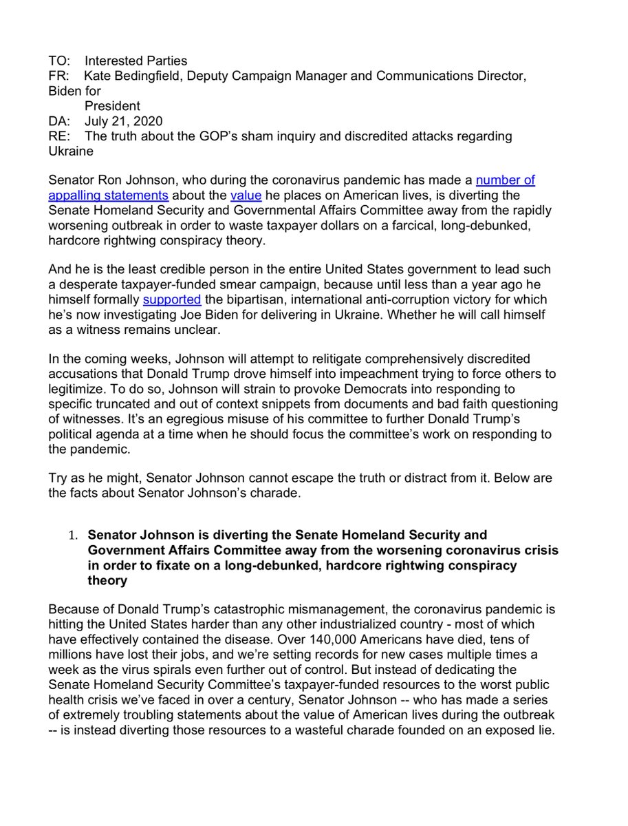 Literally the  @JoeBiden is on point and oddly resembles research from months agoIt is unconscionable to me that  @RonJohnsonWI  @SenRonJohnson continues down this unpatriotic path & by so doing amplifies Russian Security Services propaganda  https://assets.documentcloud.org/documents/6999630/Biden-Memo.pdfTHREAD  https://twitter.com/File411/status/1234921561951494144