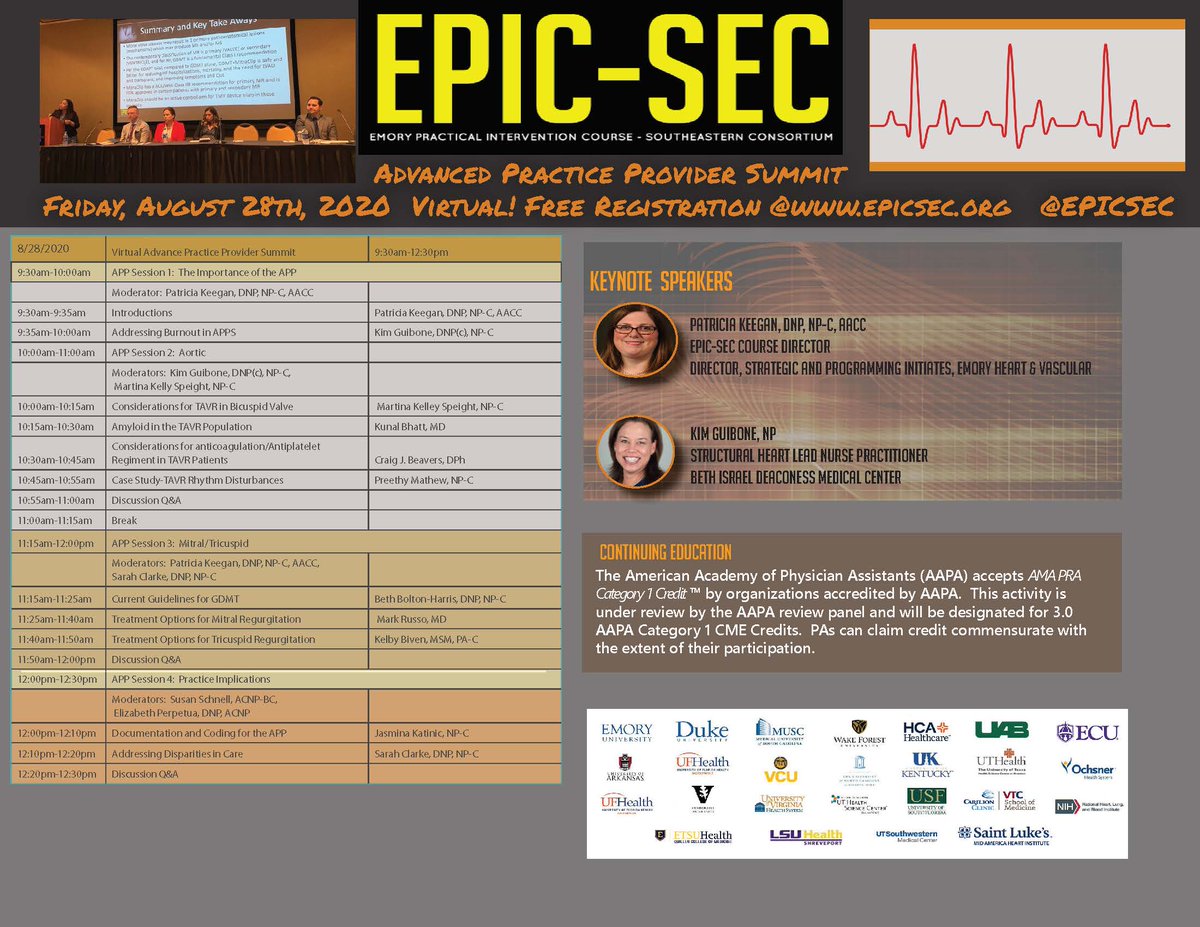 EpicSec's tweet photo. The Virtual Advance Practice Provider (APP) Summit of EPIC-SEC will address challenges in coronary, structural, and peripheral cardiology from the perspective of the APP. Join us Aug 28, 9:30-12:30. #freeCME Register now!
@tricianp
https://t.co/OYEnoKU9M2 https://t.co/S87JHnLD2W