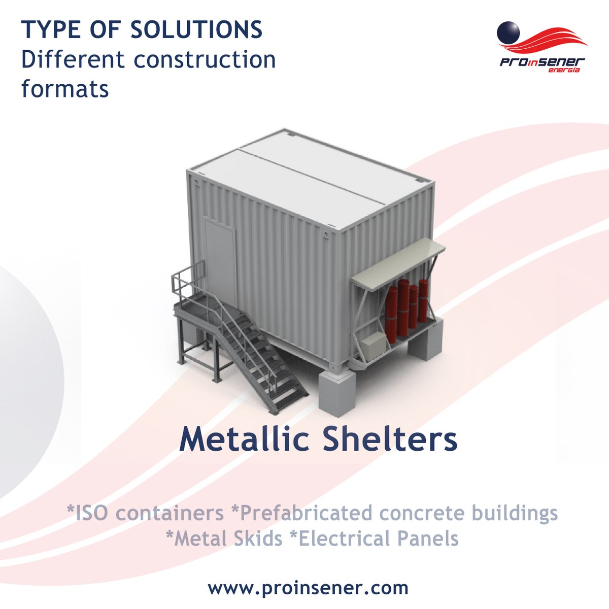 proinsener's tweet photo. TYPE OF SOLUTIONS @Proinsener energía
Different construction formats. METALLIC SHELTERS
Integrated Solutions in a non-standard Containers desing to specific project dimensions, as required. Special E-Housing for chemical plants, substations, etc. #Proinsener #renewableenergy https://t.co/MP4IlrnDIM